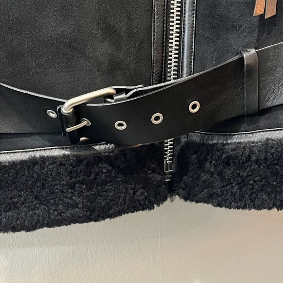 All Saints Rei Jacket Womens Small Black Shearling Sheepskin Lamb Leather Biker - Picture 6 of 16